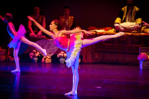 Danseuse en tutu rose en développé